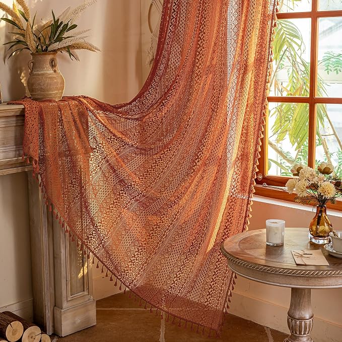WAZZIO Boho Lace Curtains 96 Inches 2 Panel, Light Filtering Privacy Tassel & - Image 7