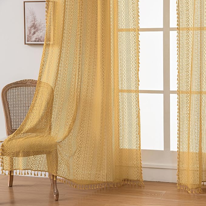 WAZZIO Boho Lace Curtains 108 Inches 2 Panel, Light Filtering Privacy Tassel & - Image 7