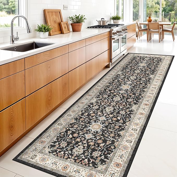 Washable 3x10 Hallway Runner Rug: Black Vintage Rug Runner Ultra Soft Low Pile - Image 3