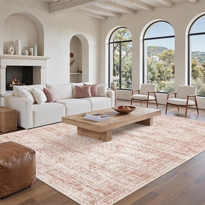 5x7 Area Rugs Pink Low Pile Indoor Washable Trendy Faded Style Rugs - Image 9