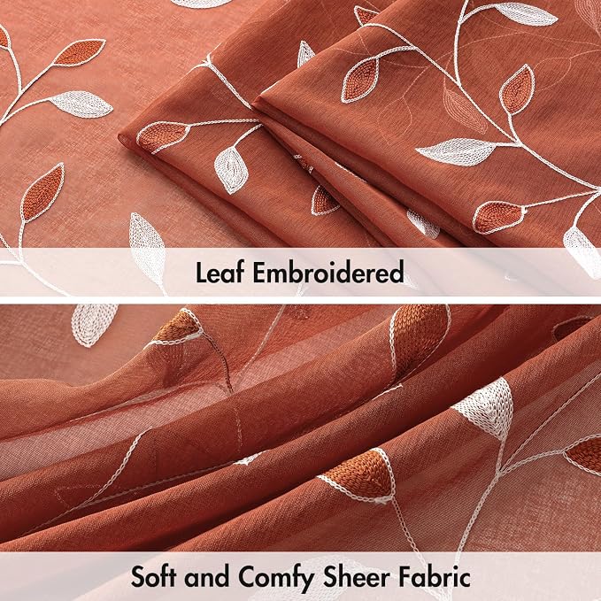 MIULEE Terracotta Sheer Curtains 2 Panels Embroidered Leaf Patterned burnt - Image 4