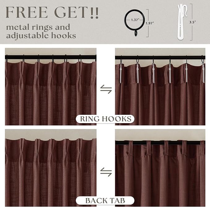 Country Brown Red Linen Pinch Pleated Semi Sheer Curtains 102 Inches Long | - Image 5