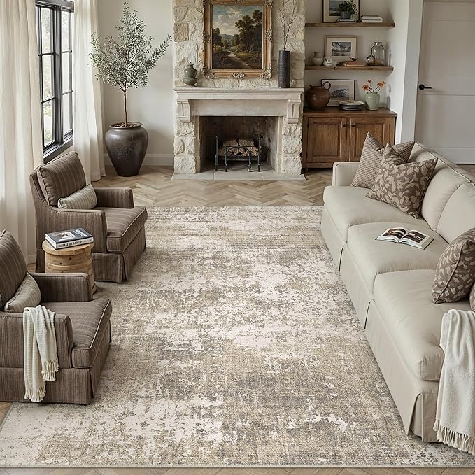 Beige Area Rug 8x10 Machine Washable Modern Abstract Living Room Carpet Non by PureCozy