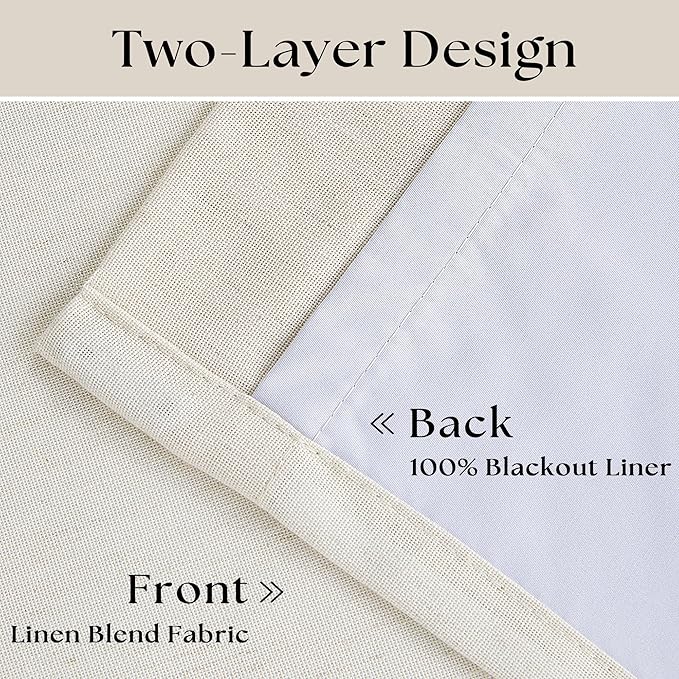 Cream Pleated 100% Blackout Linen Short 45 Inch Curtains 2 Layers Natural | - Image 4