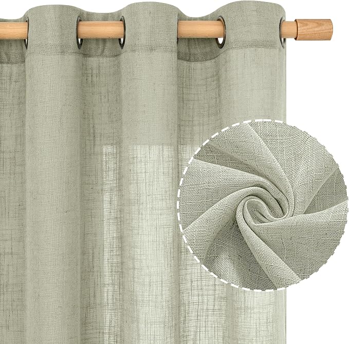 LAMIT Short Linen Curtains 40 Inch Length, Sage Grey Small Window Semi Sheer - Image 2