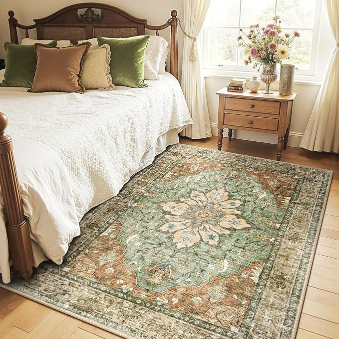 Area Rugs 4'x5' Washable Non-Slip, Floral Vintage Distress Print Pattern by RELEANY