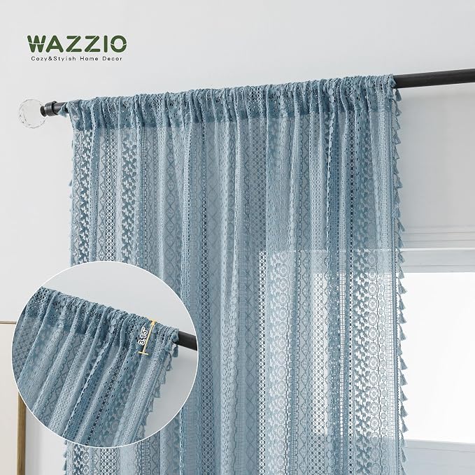 WAZZIO Boho Lace Curtains 63 Inches 2 Panel, Light Filtering Privacy Tassel & - Image 3