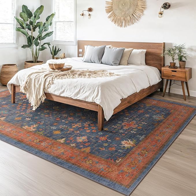 Navy Blue Large Area Rugs 8x12 Living Room, Geometric Floral Rugs - Image 3