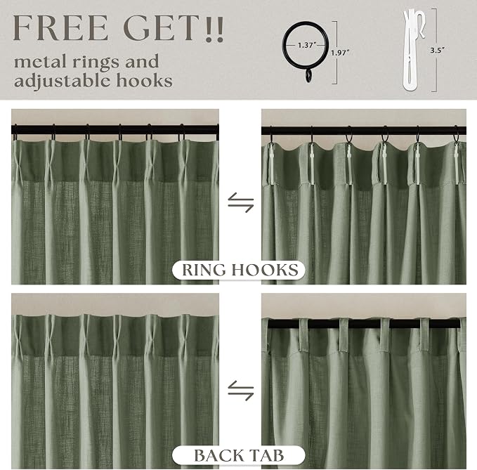 Sage Green Linen Curtains Pinch Pleated 84 Inches Long 2 Panels Set 40x84 | - Image 5