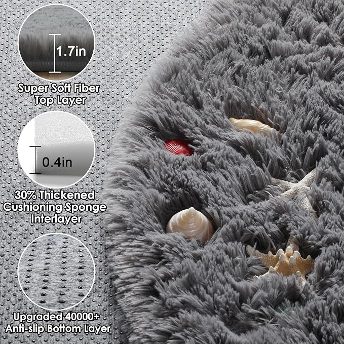 ONASAR Grey Round Area Rugs 5ft, Fluffy Plush Shaggy Carpet - Image 2