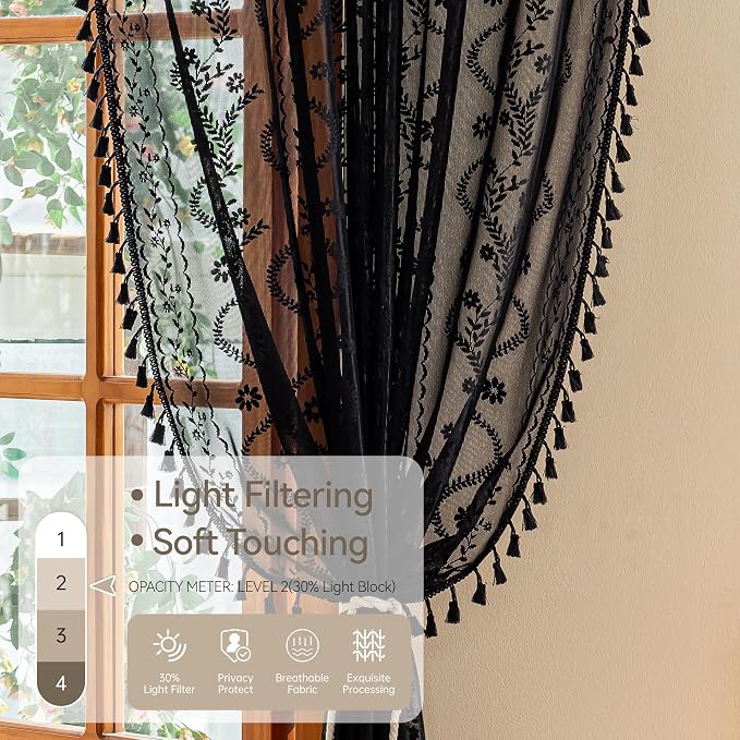 WAZZIO Boho Lace Curtains 84 Inch -Vintage Victorian Sheer Panel Drape Floral - Image 4
