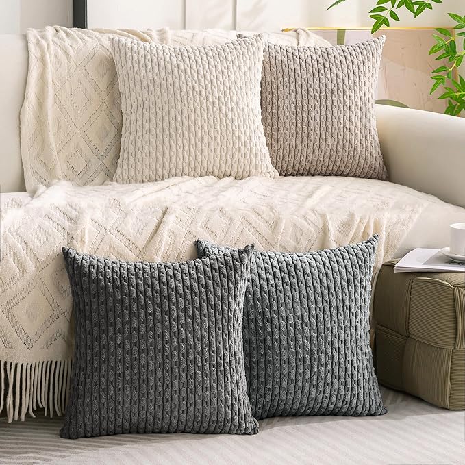 Set of 4 Grey White Taupe Decorative Throw Pillow Covers 20x20 Inch Corduroy - Image 9