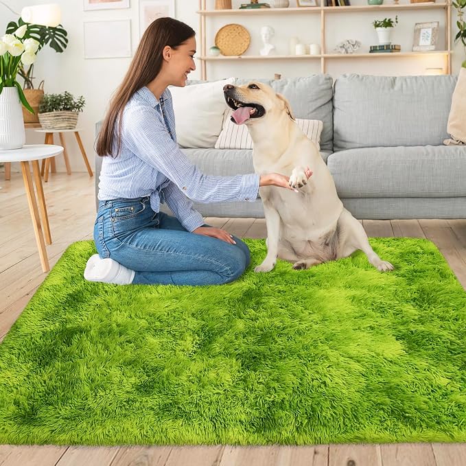 Small Tie-Dyed Area Rug for Bedroom 3x5 Mini Green Fluffy Rug Mat Bedside Throw - Image 3