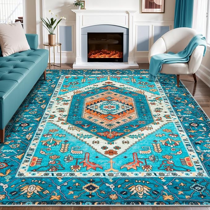 SERISSA 8x10 Area Rugs Blue, Washable Large Boho Rugs by SERISSAHomeDecorCollection