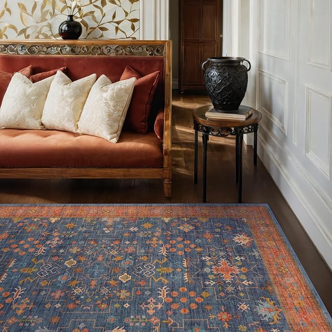 Hazo Haus Dark Blue & Terracotta 5x8 Living Room Rug by HazoHaus