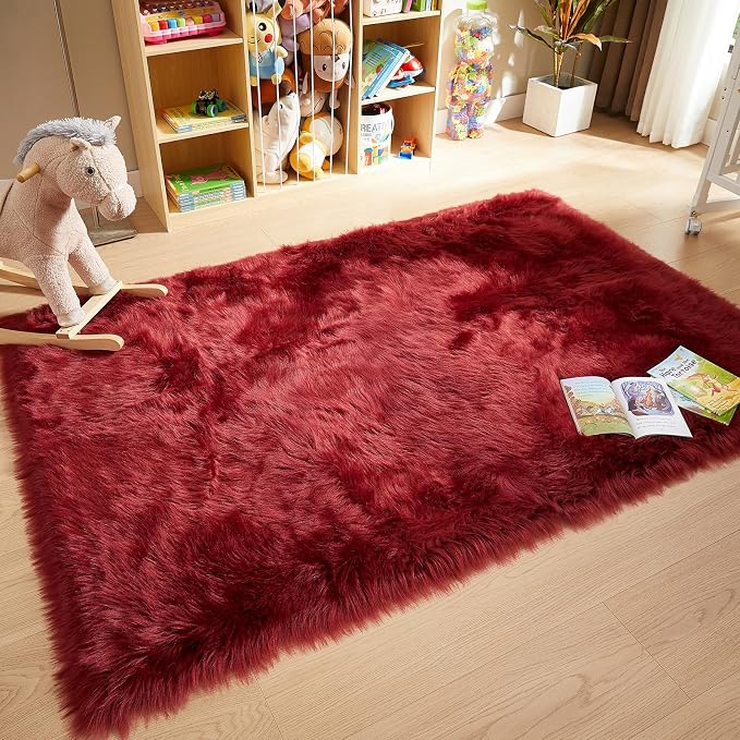 AMTOVO Faux Fur Sheepskin Rug for Living Room, 4 x 6 ft Burgundy Fluffy Area - Image 3