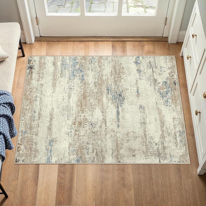 2x3 Area Rug Washable Beige Brown Abstract Modern Neutral Entryway Carpet Non - Image 3