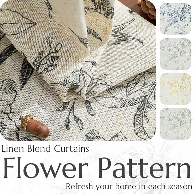 jinchan Floral Curtains 90 Inch Length Black Flower Linen Farmhouse Curtain - Image 4