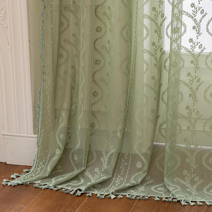 WAZZIO Boho Lace Curtains 2 Panels 84 Inch -Vintage Victorian Sheer Panel Drape - Image 7