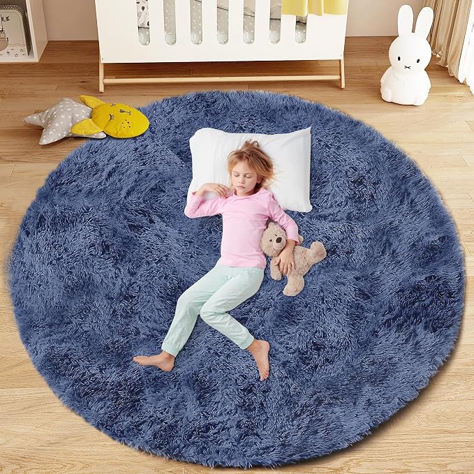 Navy Blue Round Rugs for Bedroom: 4ft Circle Fluffy Shag Soft Washable Rug by VECARF