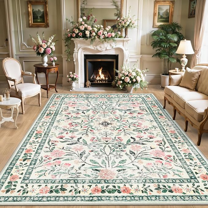 PLHXFR 8x10 Area Rug Living Room: Floral Washable Boho Carpet Green Beige | by PLHXFRSoftAreaRugs