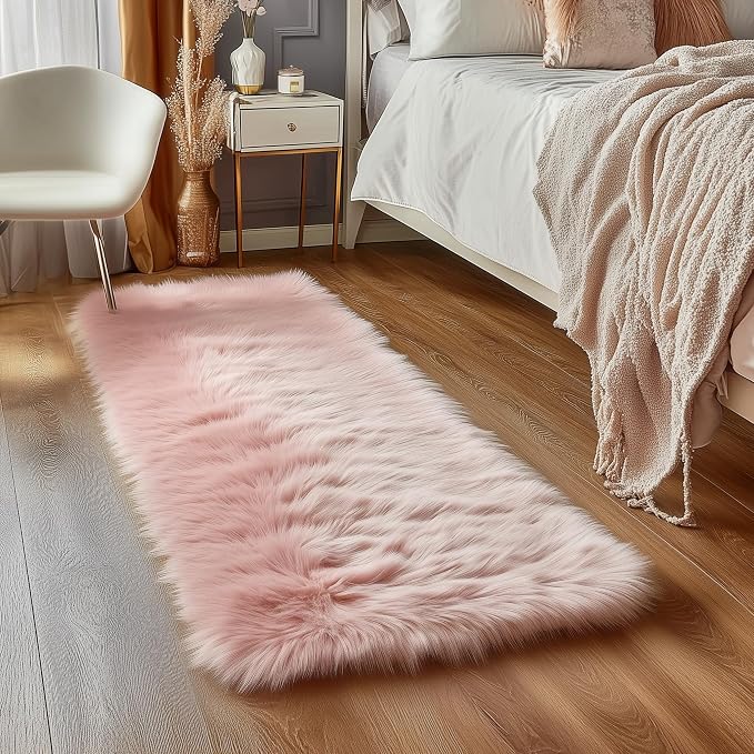 Goolela Pink Fluffy Fuzzy Furry Runner Rug 2X6 Light Pink Faux Sheepskin Fur Rug - Image 2