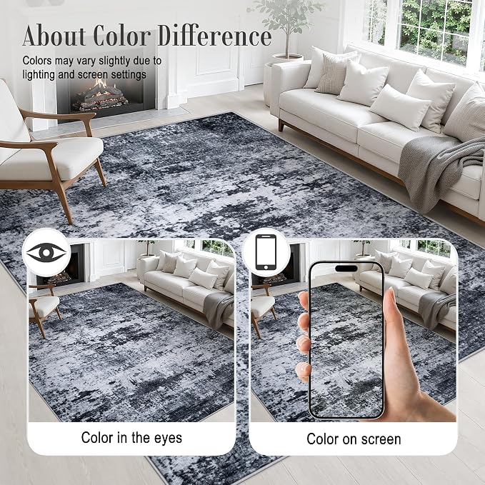 Round Area Rug Living Room: 8 ft Modern Washable Carpet Black | - Image 6