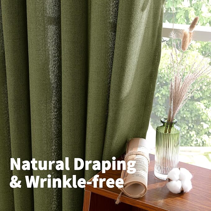 YoungsTex Olive Green Linen Curtains, Semi Sheer Drapes - Image 4