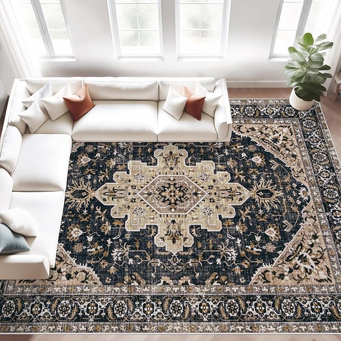 Area Rug 8x10 Vintage Rugs: Large Washable Living Room Rug Retro Medallion by MXSANYOORUG