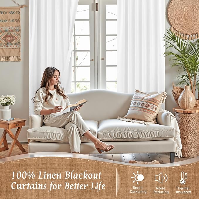 100% Blackout White Linen Curtains 48 Inches Long - Image 2