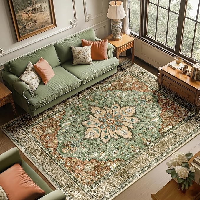 RELEANY Area Rugs 6'x9' Washable Non-Slip, Floral Vintage Distress Print by RELEANY