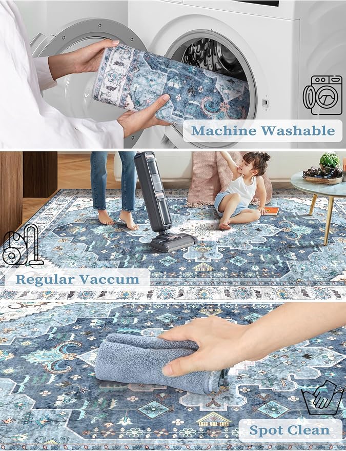 SERISSA Boho Washable Runner Rug, 2x5 Rug Non-Slip Vintage Blue Hallway Kitchen - Image 3
