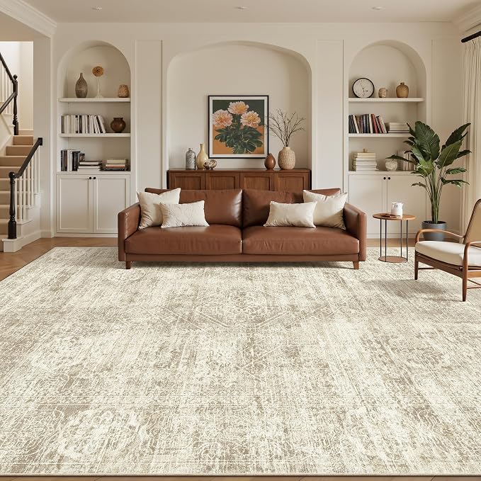 Madane 9x12 Area Rugs for Living Room, Soft Vintage Beige Area Rug by Madane