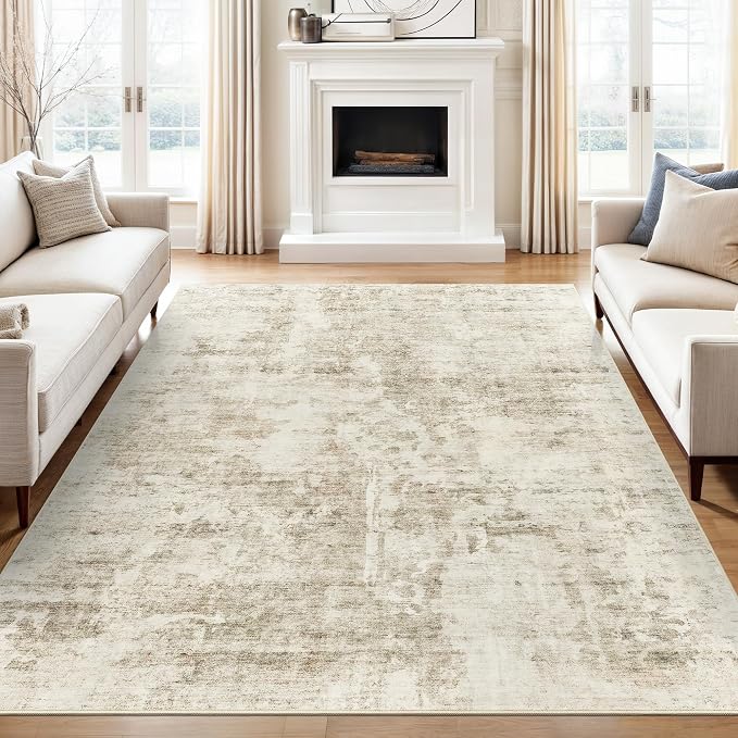 Soalmost Abstract Rug 5x7 Machine Washable Area Indoor Beige Gray White Low - Image 2