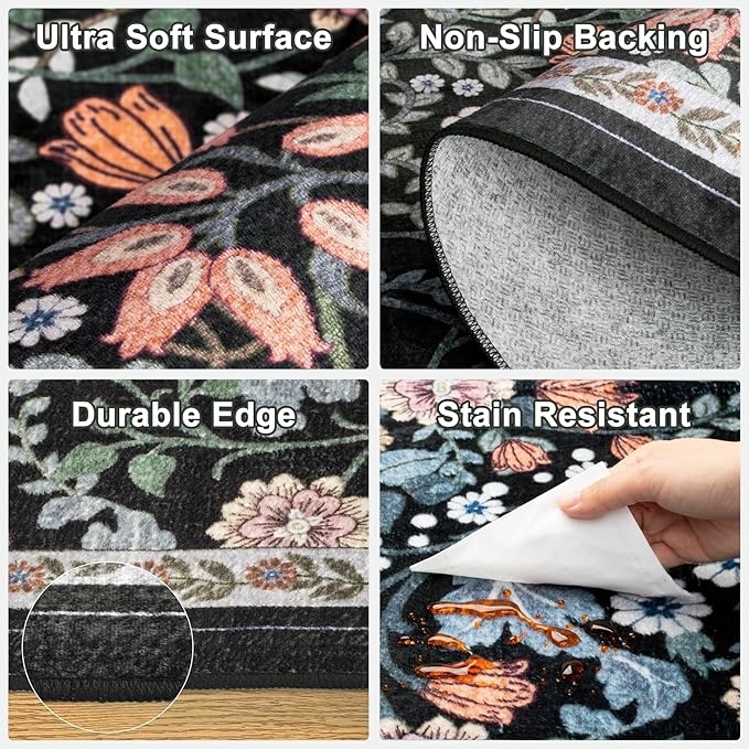 Entryway Rug 2X3 Small Rugs: Floral Washable Door Mat Vintage Soft Low Pile - Image 7