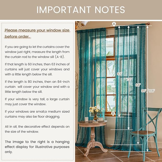 WAZZIO Boho Lace Curtains 63 Inches 2 Panel, Light Filtering Privacy Tassel & - Image 10