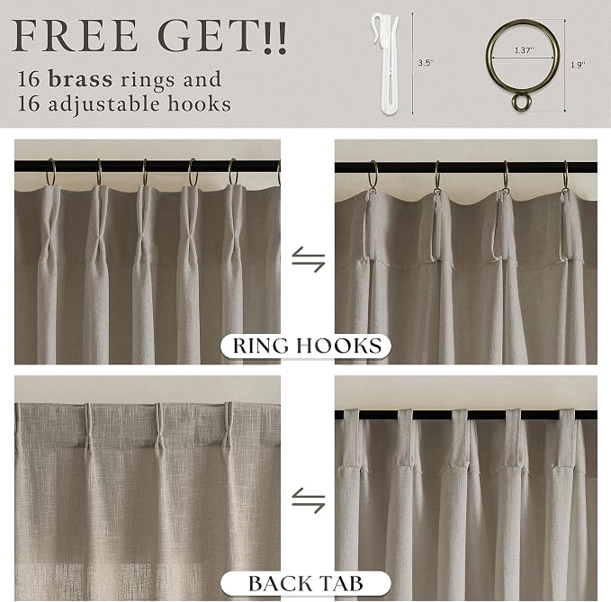 Dark Taupe Flax Linen Light Filter Pinch Pleated Curtains 100 Inches Long | 100 - Image 5