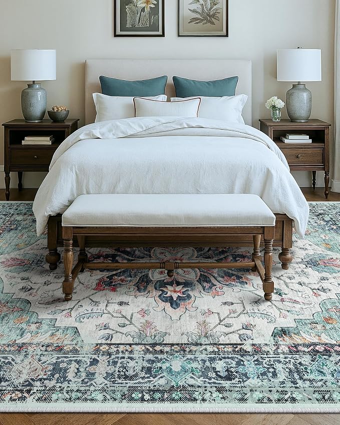 Area Rugs 10'x14' Washable Non-Slip, Floral Vintage Distress Print Pattern - Image 2