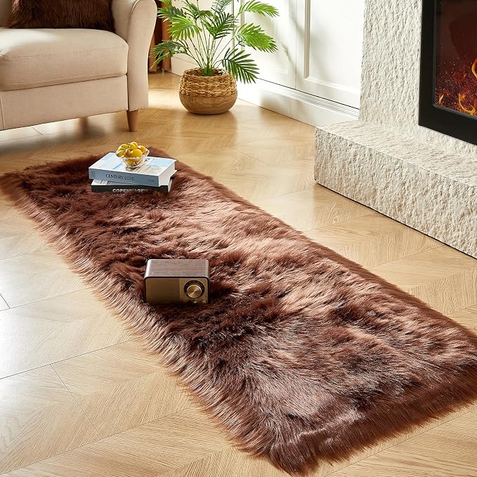 AMTOVO Faux Fur Rug, Coffee Ultra Soft Fluffy Shag Sheepskin Rug, 2 x 6 ft - Image 3