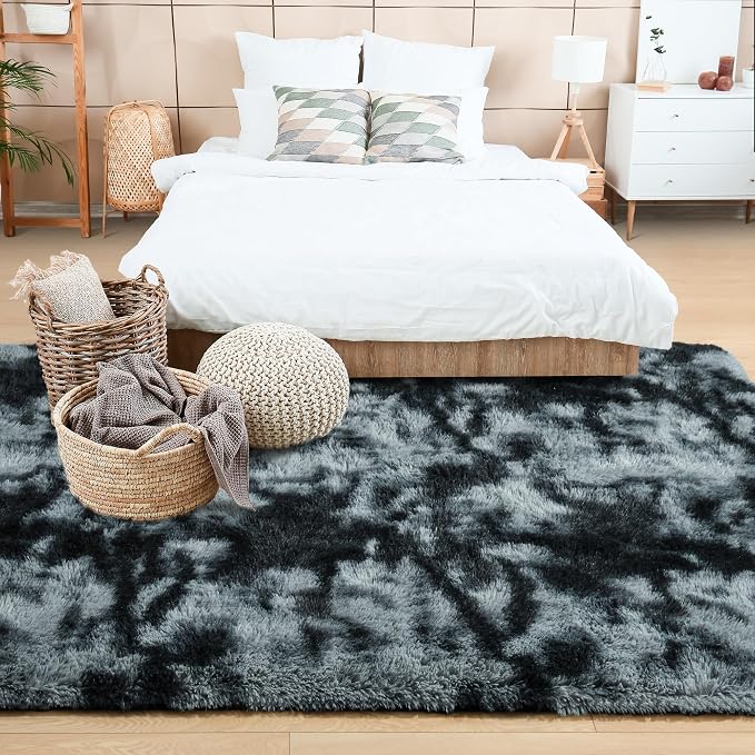 6x9 Large Tie-Dyed Black and Grey Fluffy Area Rug Non-Slip - Image 3