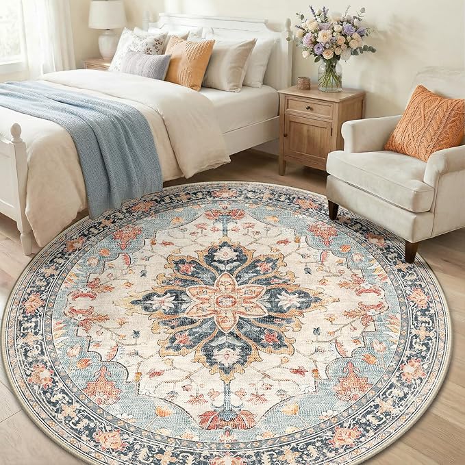 Area Rugs 6ft Washable Non-Slip, Floral Vintage Distress Print Pattern - Image 3