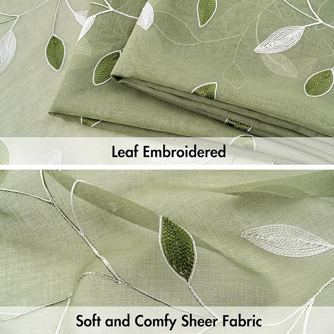MIULEE Sage Green Sheer Curtains 2 Panels Embroidered Leaf Patterned Rod Pocket - Image 4