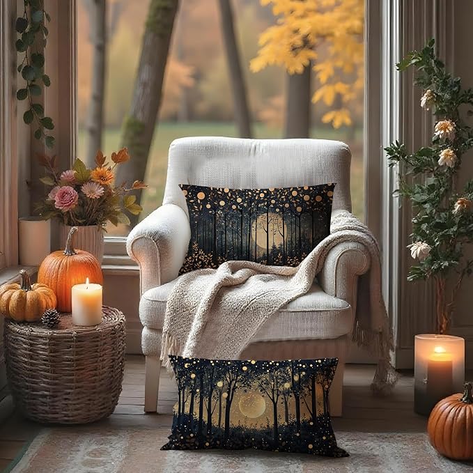 Rustic William Morris Inspired Gold Moon Pillow Covers 12x20 Set of 2, Vintage - Image 3