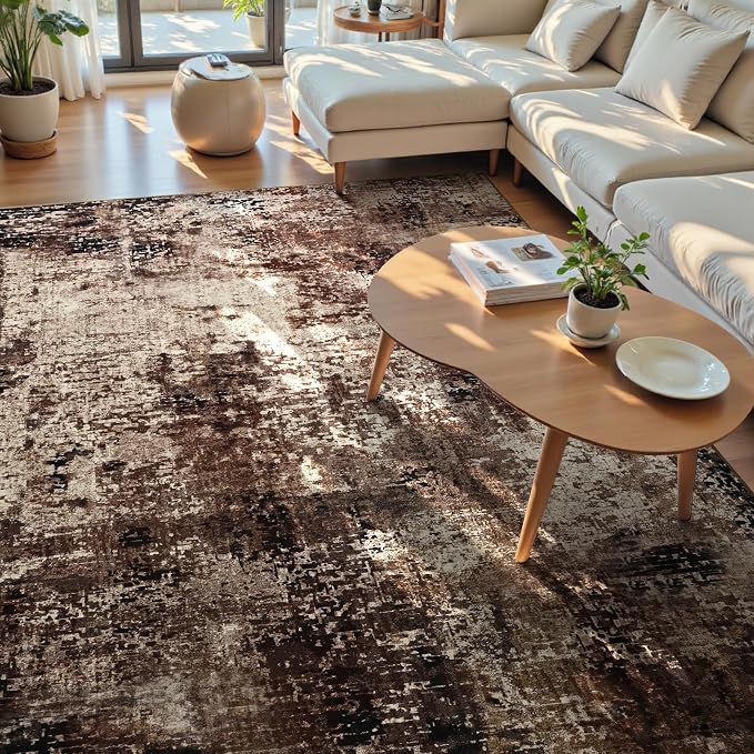Ompaa Living Room Rug 8x10 Brown Area Rugs Machine Washable Abstract Coffee - Image 3