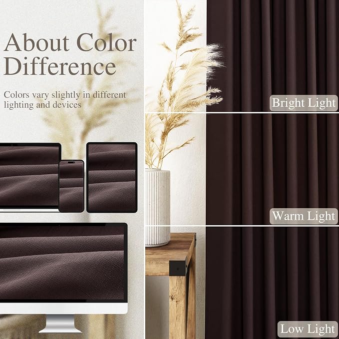 Linen Curtains Semi Sheer Coffee Brown 96 Inches Long 2 Panels Set - Image 4