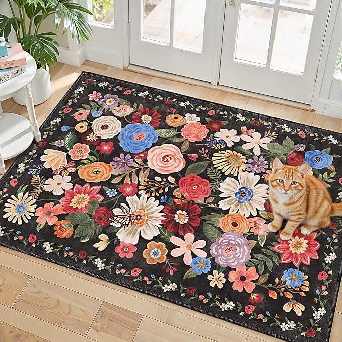 Black/Brown Floral Rug for Entryway, 2x3 Washable Kitchen Mat Ultra-Thin Soft by WelcometoBabovid