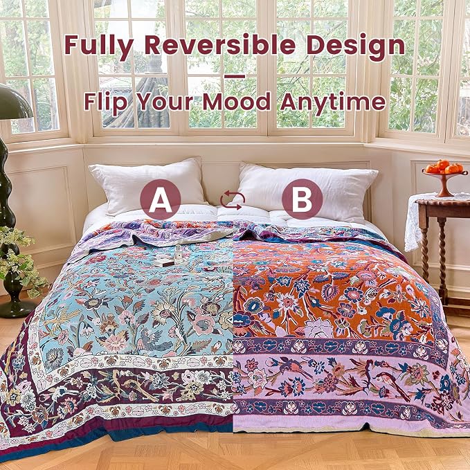 MSGKV Boho Throw Blanket for Bed 60"x80" 100% Cotton Couch Twin Size Floral - Image 4