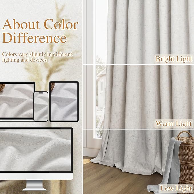 Guken Natural Extra Long 100% Black Out Curtains 120 Inch Length 2 Panels Set - Image 7