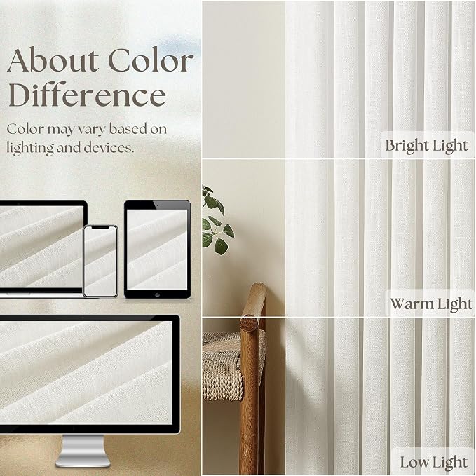 Beige White Pinch Pleated Linen Semi Sheer Curtains 54 Inch Length 2 Panels | - Image 4