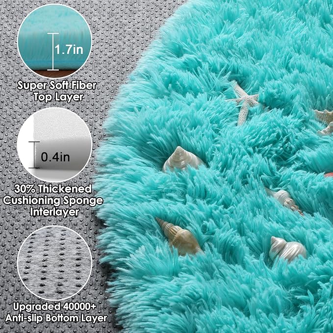 ONASAR Teal Blue Round Area Rug 4ft, Soft Fluffy Bedroom Bedside Floor Circle - Image 2